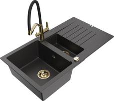 Granitinė virtuvinė plautuvė Mexen Matias su maišytuvu ir sifonu, Black granite/Black/Gold