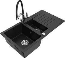 Granitinė virtuvinė plautuvė Mexen Matias su maišytuvu ir sifonu, Black/Chrome