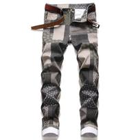 Colorful, Personalized, Fashionable Print, Patchwork Patch, Checkered Elastic Small Straight Leg Jeans 29