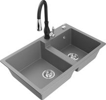 Granitinė virtuvinė plautuvė Mexen Tomas su maišytuvu ir sifonu, Grey/Black