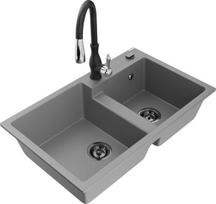 Granitinė virtuvinė plautuvė Mexen Tomas su maišytuvu ir sifonu, Grey/Black