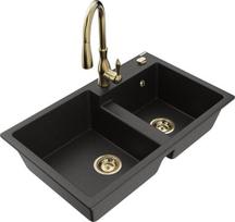 Granitinė virtuvinė plautuvė Mexen Tomas su maišytuvu ir sifonu, Metallic black/gold/Gold