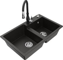 Granitinė virtuvinė plautuvė Mexen Tomas su maišytuvu ir sifonu, Metallic black/gold/Black