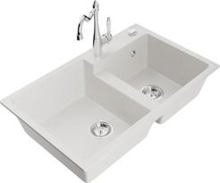 Granitinė virtuvinė plautuvė Mexen Tomas su maišytuvu ir sifonu, White/Chrome
