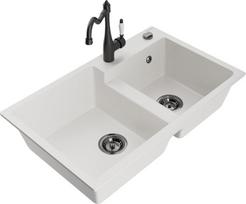 Granitinė virtuvinė plautuvė Mexen Tomas su maišytuvu ir sifonu, White/Black