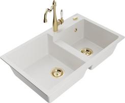 Granitinė virtuvinė plautuvė Mexen Tomas su maišytuvu ir sifonu, White/Gold