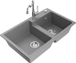 Granitinė virtuvinė plautuvė Mexen Tomas su maišytuvu ir sifonu, Grey/Chrome