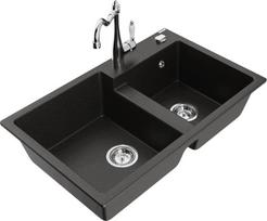 Granitinė virtuvinė plautuvė Mexen Tomas su maišytuvu ir sifonu, Metallic black/gold/Chrome