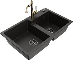 Granitinė virtuvinė plautuvė Mexen Tomas su maišytuvu ir sifonu, Metallic black/gold/Gold