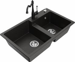 Granitinė virtuvinė plautuvė Mexen Tomas su maišytuvu ir sifonu, Metallic black/gold/Black