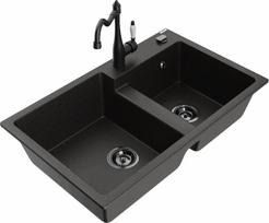 Granitinė virtuvinė plautuvė Mexen Tomas su maišytuvu ir sifonu, Metallic black/gold/Black