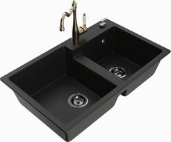 Granitinė virtuvinė plautuvė Mexen Tomas su maišytuvu ir sifonu, Black/Gold