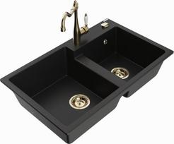 Granitinė virtuvinė plautuvė Mexen Tomas su maišytuvu ir sifonu, Black/Gold