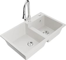 Granitinė virtuvinė plautuvė Mexen Tomas su maišytuvu ir sifonu, White/Chrome