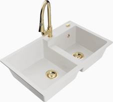 Granitinė virtuvinė plautuvė Mexen Tomas su maišytuvu ir sifonu, White/Gold