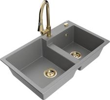 Granitinė virtuvinė plautuvė Mexen Tomas su maišytuvu ir sifonu, Grey/Gold