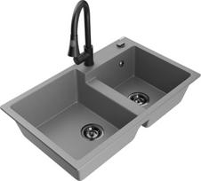 Granitinė virtuvinė plautuvė Mexen Tomas su maišytuvu ir sifonu, Grey/Black