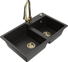 Granitinė virtuvinė plautuvė Mexen Tomas su maišytuvu ir sifonu, Metallic black/gold/Gold