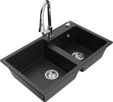 Granitinė virtuvinė plautuvė Mexen Tomas su maišytuvu ir sifonu, Metallic black/gold/Chrome