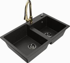 Granitinė virtuvinė plautuvė Mexen Tomas su maišytuvu ir sifonu, Metallic black/gold/Gold