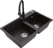 Granitinė virtuvinė plautuvė Mexen Tomas su maišytuvu ir sifonu, Metallic black/gold/Black