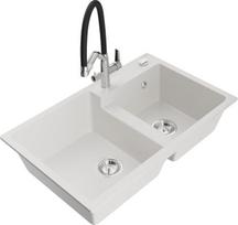 Granitinė virtuvinė plautuvė Mexen Tomas su maišytuvu ir sifonu, White/Black/Chrome