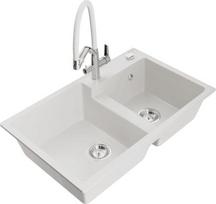 Granitinė virtuvinė plautuvė Mexen Tomas su maišytuvu ir sifonu, White/White/Chrome