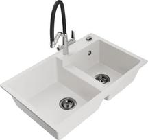 Granitinė virtuvinė plautuvė Mexen Tomas su maišytuvu ir sifonu, White/Black/Chrome