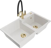Granitinė virtuvinė plautuvė Mexen Tomas su maišytuvu ir sifonu, White/Black/Gold