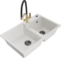 Granitinė virtuvinė plautuvė Mexen Tomas su maišytuvu ir sifonu, White/Black/Gold