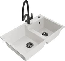 Granitinė virtuvinė plautuvė Mexen Tomas su maišytuvu ir sifonu, White/Black