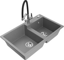 Granitinė virtuvinė plautuvė Mexen Tomas su maišytuvu ir sifonu, Grey/Black/Chrome