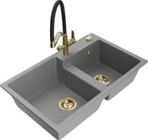 Granitinė virtuvinė plautuvė Mexen Tomas su maišytuvu ir sifonu, Grey/Black/Gold