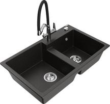 Granitinė virtuvinė plautuvė Mexen Tomas su maišytuvu ir sifonu, Metallic black/gold/Black/Chrome
