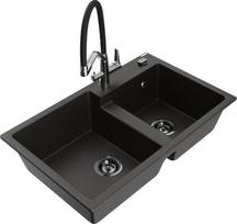 Granitinė virtuvinė plautuvė Mexen Tomas su maišytuvu ir sifonu, Metallic black/gold/Black/Chrome
