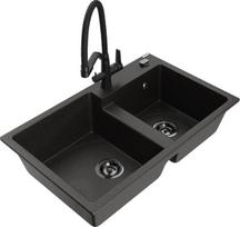 Granitinė virtuvinė plautuvė Mexen Tomas su maišytuvu ir sifonu, Metallic black/gold/Black
