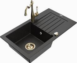 Granitinė virtuvinė plautuvė Mexen Pablo su maišytuvu ir sifonu, Metallic black/Silver/Gold