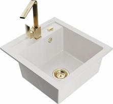 Granitinė virtuvinė plautuvė Mexen Vito su maišytuvu ir sifonu, White+Gold