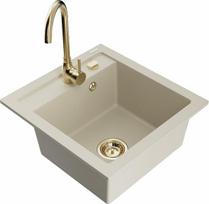 Granitinė virtuvinė plautuvė Mexen Vito su maišytuvu ir sifonu, Beige/Gold