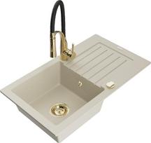 Granitinė virtuvinė plautuvė Mexen Pablo su maišytuvu ir sifonu, Beige/Black/Gold