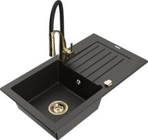 Granitinė virtuvinė plautuvė Mexen Pablo su maišytuvu ir sifonu, Metallic black/Gold/Black