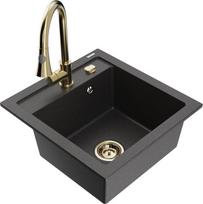 Granitinė virtuvinė plautuvė Mexen Vito su maišytuvu ir sifonu, Black granite+Gold