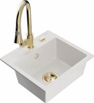 Granitinė virtuvinė plautuvė Mexen Milo su maišytuvu ir sifonu, White/Gold