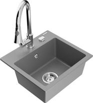 Granitinė virtuvinė plautuvė Mexen Milo su maišytuvu ir sifonu, Grey/Chrome
