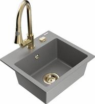 Granitinė virtuvinė plautuvė Mexen Milo su maišytuvu ir sifonu, Grey/Gold