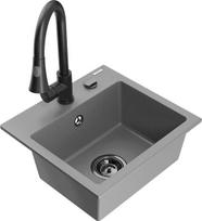 Granitinė virtuvinė plautuvė Mexen Milo su maišytuvu ir sifonu, Grey/Black
