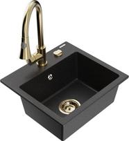 Granitinė virtuvinė plautuvė Mexen Milo su maišytuvu ir sifonu, Metallic black/Silver/Gold