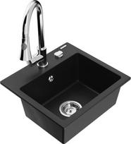 Granitinė virtuvinė plautuvė Mexen Milo su maišytuvu ir sifonu, Black/Chrome