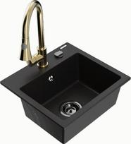 Granitinė virtuvinė plautuvė Mexen Milo su maišytuvu ir sifonu, Black/Gold