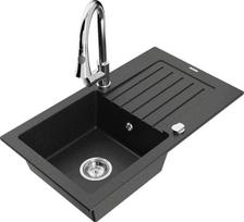 Granitinė virtuvinė plautuvė Mexen Pablo su maišytuvu ir sifonu, Metallic black/Silver/Chrome